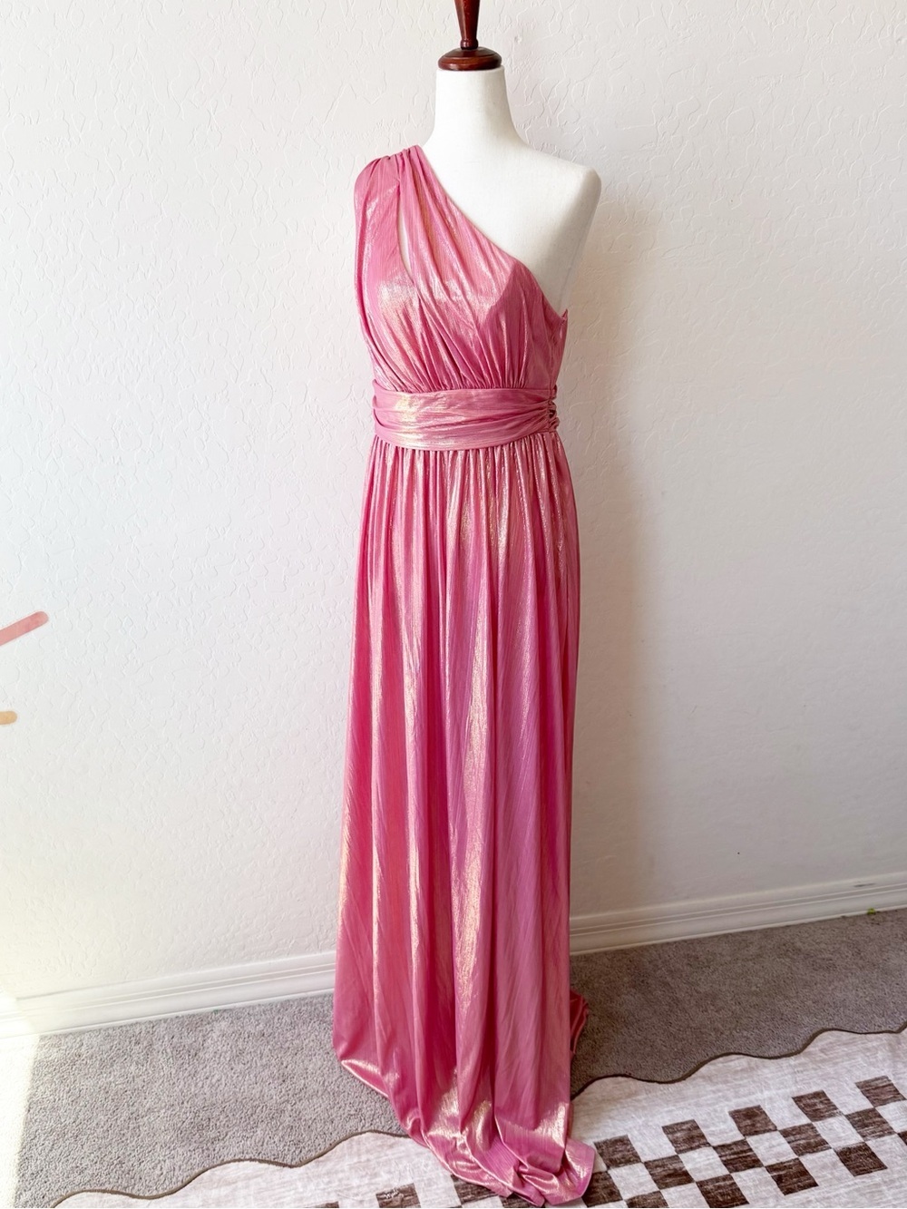 Faeriesty Dressalisa Maternity One Shoulder Floor Length Pink Metallic Gown